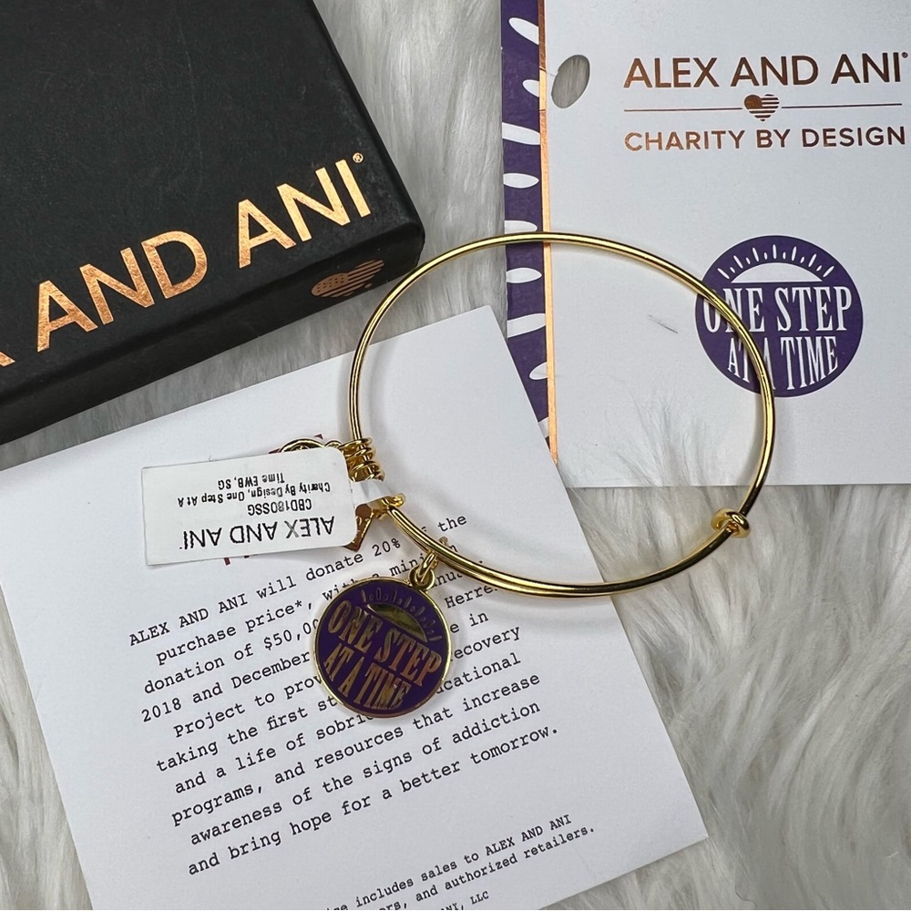 Alex and Ani Shiny Gold One Step at a Time Purple Charm Bangle Bracelet